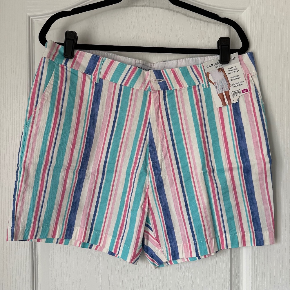 Caribbean Joe Womens Classic Fit Striped Printed Shorts Size 16 ~ NWT Blue White